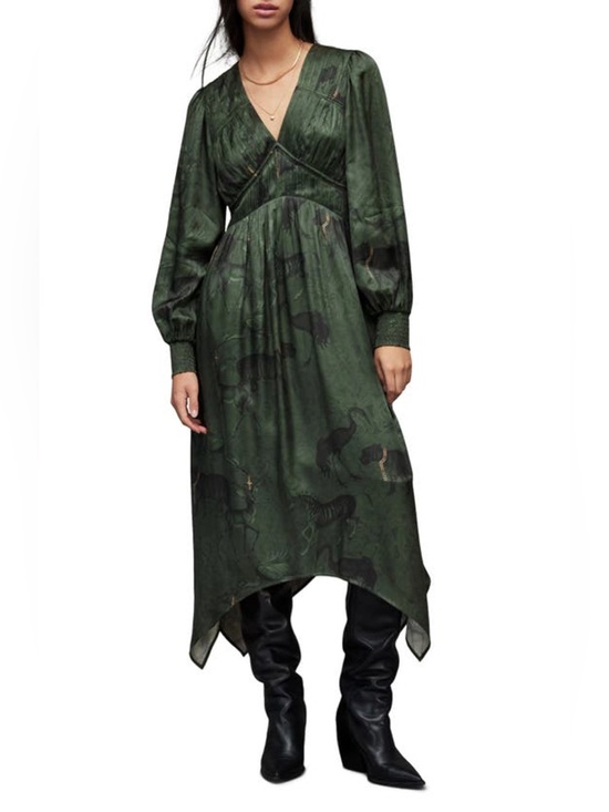 All Saints Dresses & Skirts - AllSaints Estelle Heidi Long Sleeve Silk Blend Dress in Forest